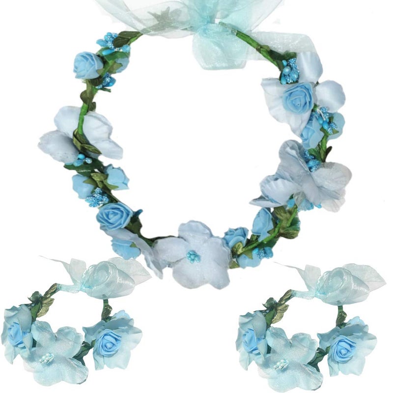 WLBON 3 Pcs Flower Headband Wristbands Rose Floral Leaf Hair Hoops Bands Headpiece Hairband Bracelets Women Xmas Wedding Halloween Parade Hawaiian Cosplay Dress Up Birthday Party Accessories Blue - Image 1